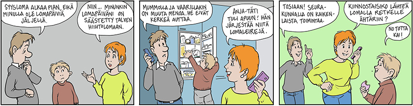Värillinen sarjakuva, jossa on on ruutua.