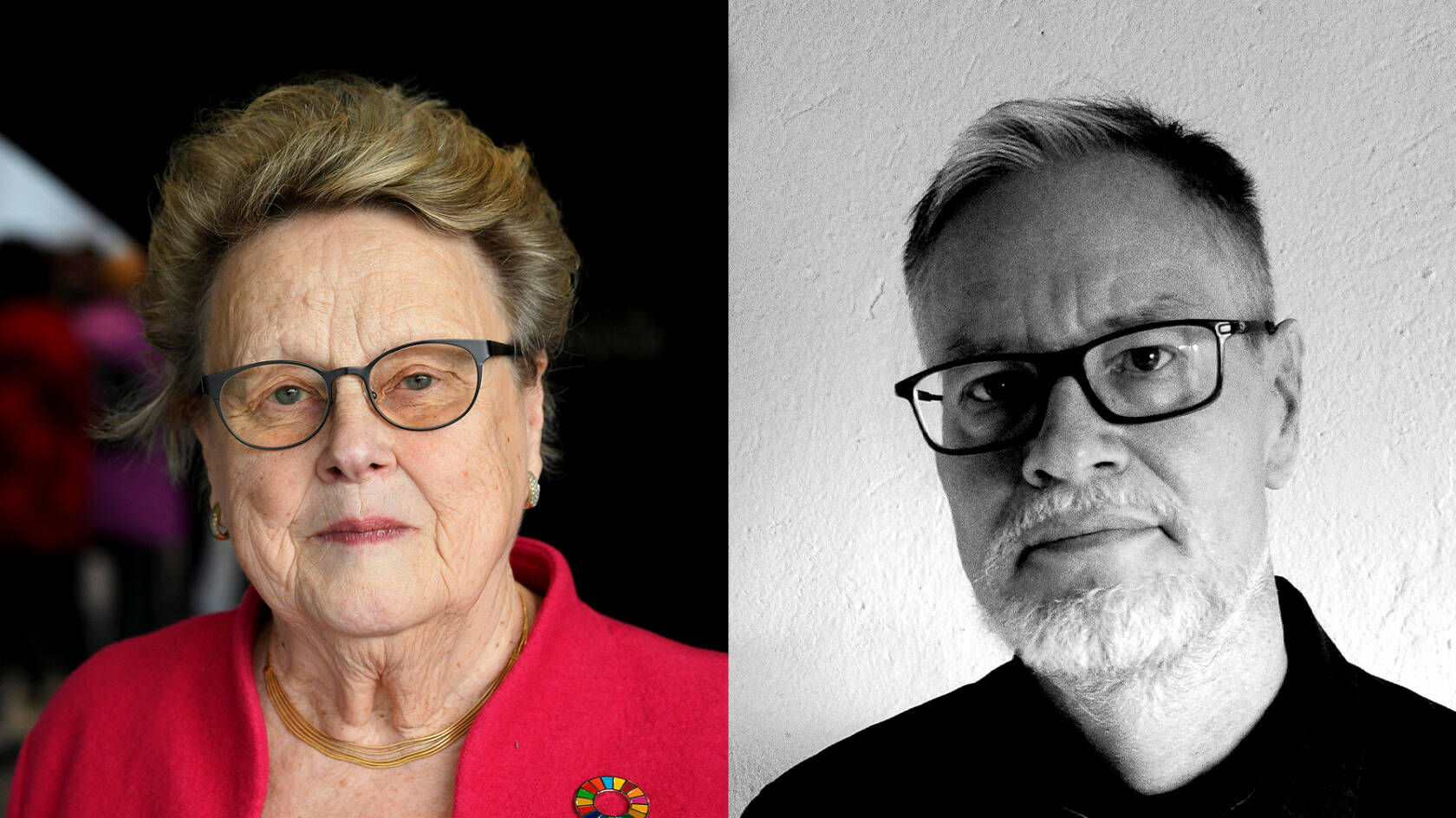 Vasemmalla lähikuvassa professori Helena Ranta ja oikealla toimittaja Markus Määttänen mustavalkoisessa lähikuvassa.