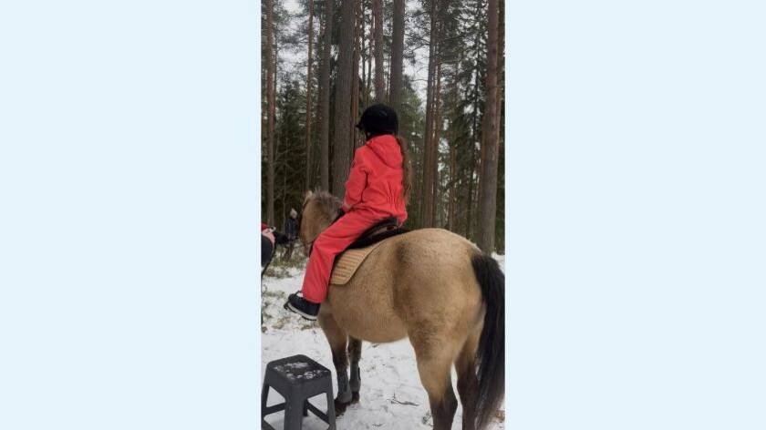 Luminen maasto, lapsi ponin selässä punaisessa puvussa takaapäin kuvattuna.