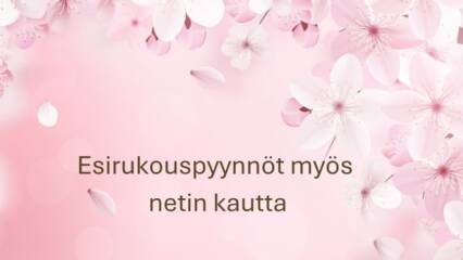 Vaaleanpunainen tausta ja vaaleanpunaisia kukkia. Teksti: Esirukouspyynnöt myös netin kautta