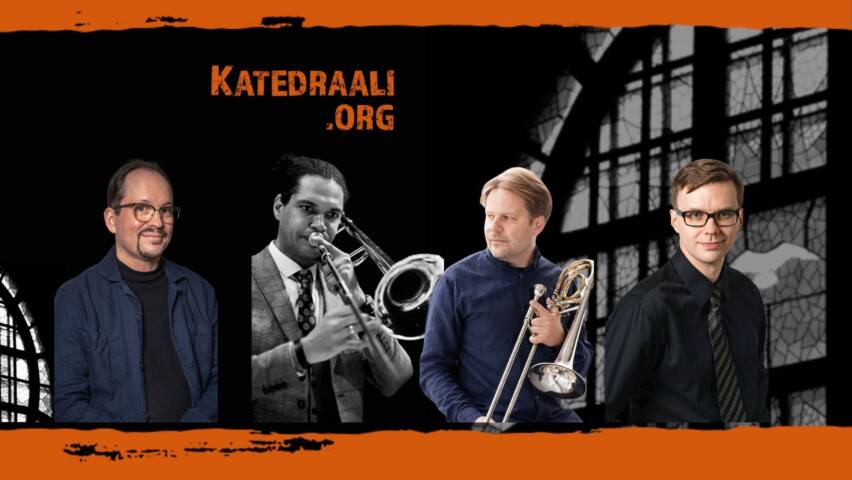Neljä muusikkoa, joista kahdella on kädessään pasuuna.