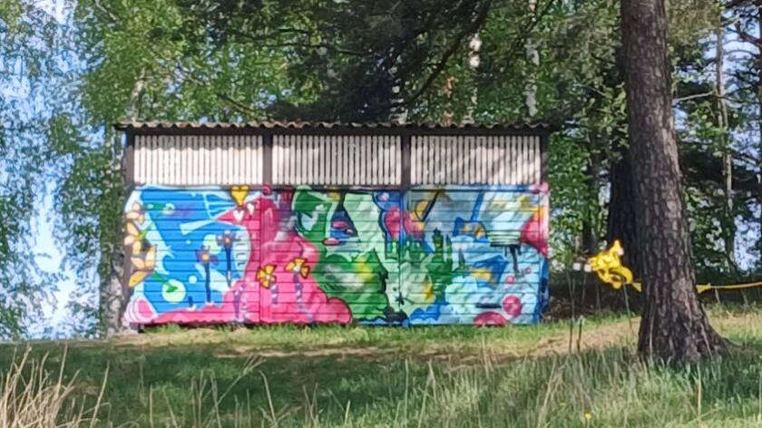 Rinteen päällä ulkovarasto, jonka seinässä kirkkaan sinisiä, punaisia ja vihreitä taidegraffiteja. Alhaalla vaaleanvihreää nurmikkoa, rakennuksen takana koivuja ja etualalla männyn runkoa oksineen.