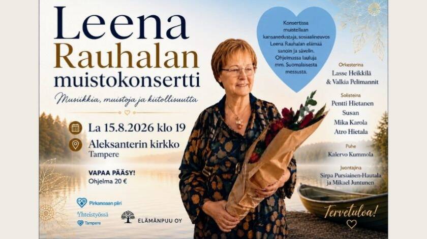 Mainos Leena Rauhalan muistokonsertista, henkilö kuvassa