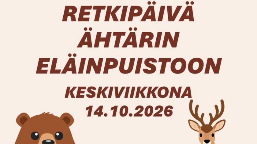Kuvassa maininta retkipäivästä ja kuvituksena peuran ja karhun piirretyt kuvat.