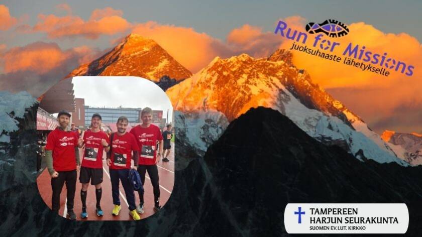 Vuoristo, auringonvaloa huipuilla. Kuva henkilöistä urheiluasuissa. Run for Missions -logo, Harjun seurakunnan logo.