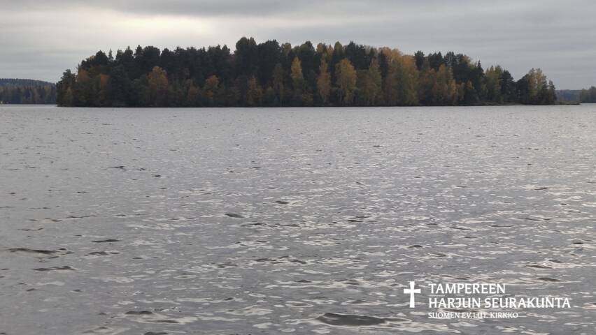Syksyinen saari. Harmaata taivasta, etualalla paljon harmaata vettä.