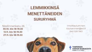 Vaalea tausta, jossa tassunjälkiä. Alhaalla koiran naama.